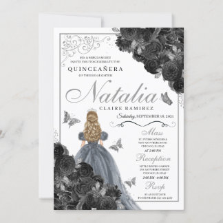 Schwarze Rose Silver Butterfly Princess Quinceañer Einladung