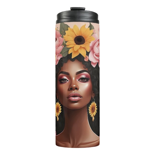 Schwarze Rose & Sonnenblumen, geschmeidig Thermosbecher (Vorderseite)