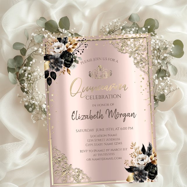 Schwarze Rose, Tiara, Diamonds Rose Gold Quinceañe Einladung (Von Creator hochgeladen)