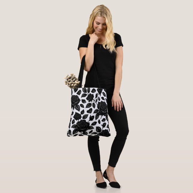 Schwarze Rosen-Blumentasche Tasche (Am Model)