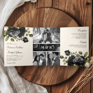 Schwarze Rosen Florale Fotocollage Creme Hochzeit Dreifach Gefaltete Einladung