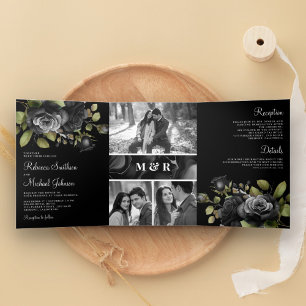 Schwarze Rosen Florale Fotocollage Gothic Hochzeit Dreifach Gefaltete Einladung