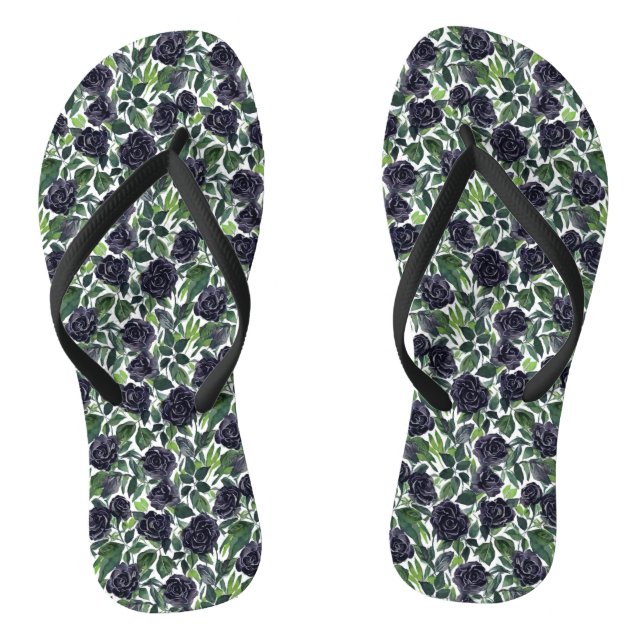 Schwarze Rosen, grüne Blätter Wasserfarbenmuster Flip Flops (Fußbett)