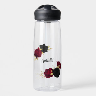 schwarze rote Blumen goldene Blätter Trinkflasche
