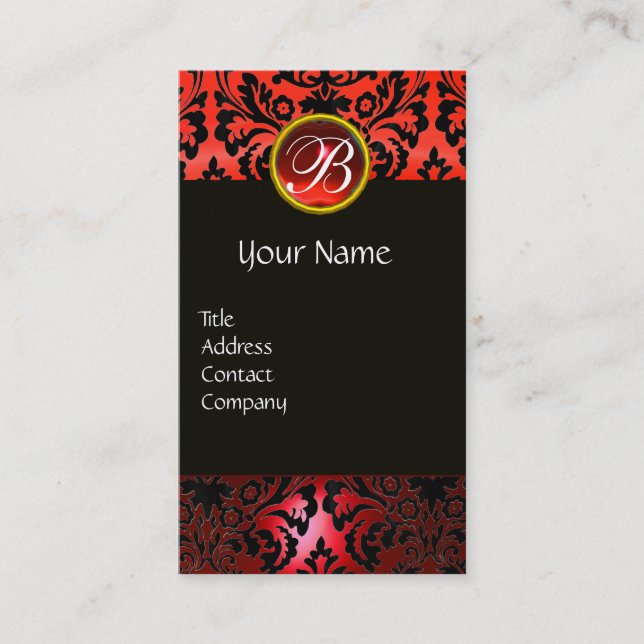 SCHWARZE ROTE DAMASK FLORAL RED RUBY GEM MONOGRAMM VISITENKARTE (Vorderseite)