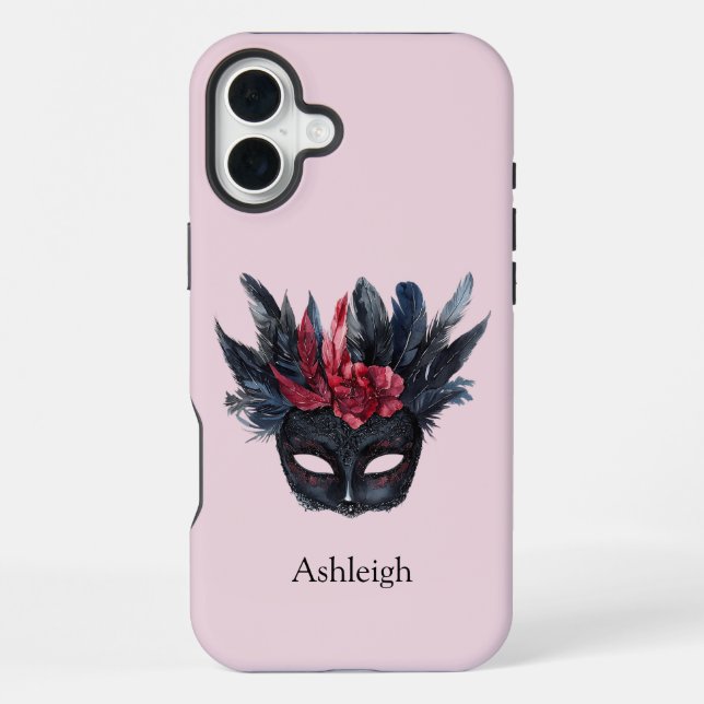 Schwarze rote Federn Maske iPhone 16 Plus Hülle (Rückseite)