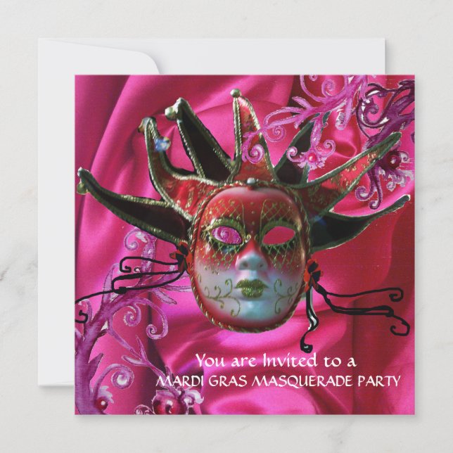 SCHWARZE ROTE FUCHSIA JESTER MASK ,Party Masquerad Einladung (Vorderseite)