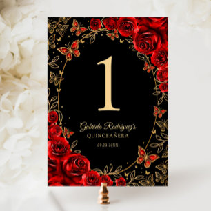 Schwarze rote goldene Quinceanera Tischnummer