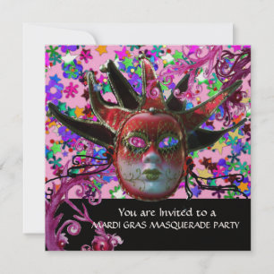 SCHWARZE ROTE JESTER MASK ,Masquerade Party Gold Einladung