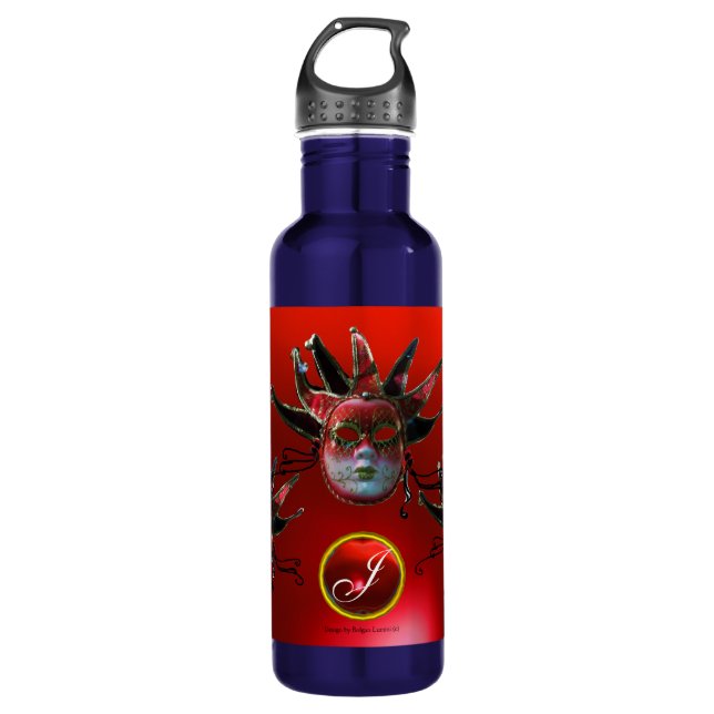 SCHWARZE ROTE JESTERMASK ,Party-Monogramm Masquera Edelstahlflasche (Vorderseite)