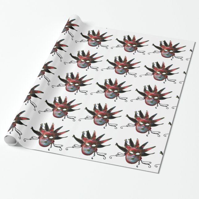 SCHWARZE ROTE JESTERMASKE ,Party-Maskerade Geschenkpapier (Ungerollt)