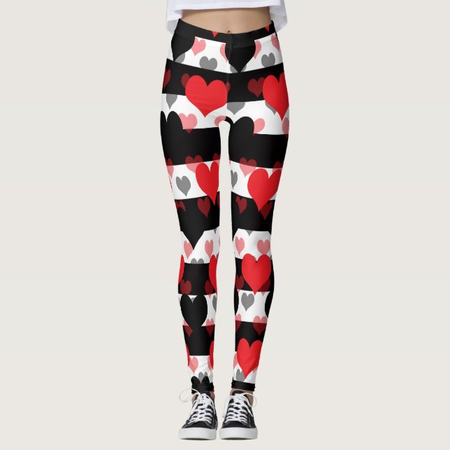 Schwarze rote Liebe mit Schwarz-weißen Streifen Leggings (Vorderseite)