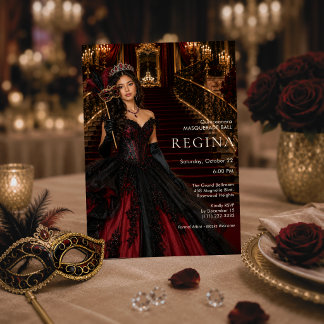 Schwarze rote Maskerade Quinceañera Einladung