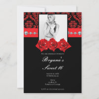 Schwarze Rote Rosen Damask Sweet 16 Foto Einladung
