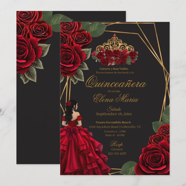 Schwarze Rote Rosen Goldene Prinzessin Quinceañera Einladung (Vorne/Hinten)