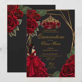 Schwarze Rote Rosen Goldene Prinzessin Quinceañera Einladung