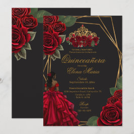 Schwarze Rote Rosen Goldene Prinzessin Quinceañera Einladung