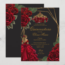 Schwarze Rote Rosen Goldene Prinzessin Quinceañera Einladung