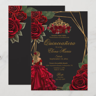 Schwarze Rote Rosen Goldene Prinzessin Quinceañera Einladung
