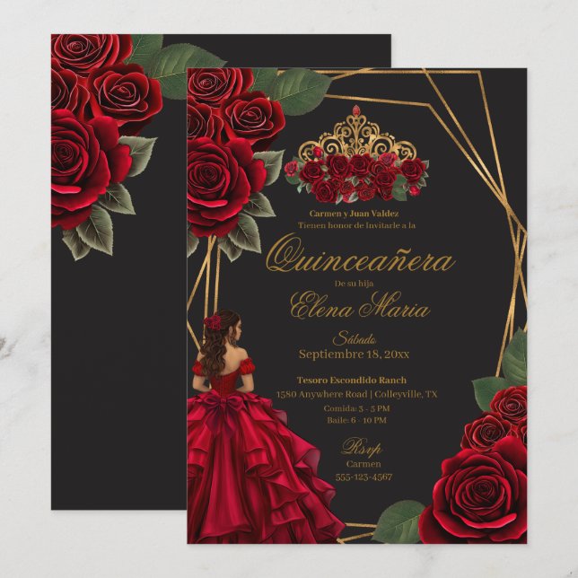 Schwarze Rote Rosen Goldene Prinzessin Quinceañera Einladung (Vorne/Hinten)