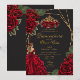 Schwarze Rote Rosen Goldene Prinzessin Quinceañera Einladung