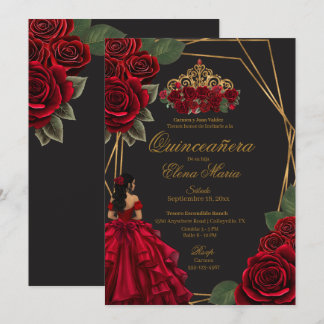Schwarze Rote Rosen Goldene Prinzessin Quinceañera Einladung