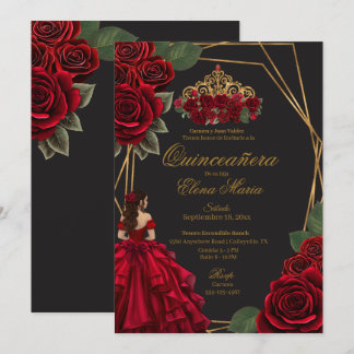 Schwarze Rote Rosen Goldene Prinzessin Quinceañera Einladung