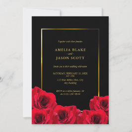 Schwarze rote Rosen | Goldrahmen mit Foto Hochzeit Einladung