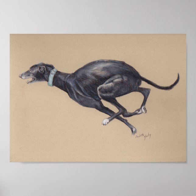 Schwarze Running Greyhound Hunde Kunst drucken Poster (Vorne)
