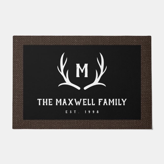 Schwarze Rustikale Antler Monogram-Imitate Brünsti Fußmatte (Vorderseite)