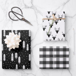 Schwarze rustikale Urlaubsmuster Holzbaumen Karier Geschenkpapier Set