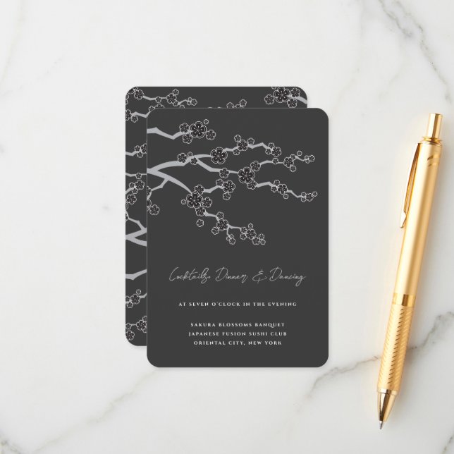 Schwarze Sakura Kirschblüten Zen Hochzeitsempfang Begleitkarte (Vorderseite/Rückseite Beispiel)