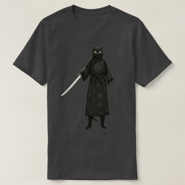 Schwarze Samurai-Katze schwarzer Kimono T-Shirt (Design vorne)