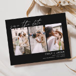 Schwarze Save the Date 3 Foto Postkarte<br><div class="desc">Modernes und elegantes Landschaftsbild Horizontal Drei (3) Foto Save the Date Hochzeitsmagnet mit handgeschriebener Schriftzeichen. Der Save the Date einladende Magnet beinhaltet Skripttypografie und schick und schlichtes Design,  mit dem Sie Ihre individuelle Verlobung Fotografie hinzufügen können.</div>