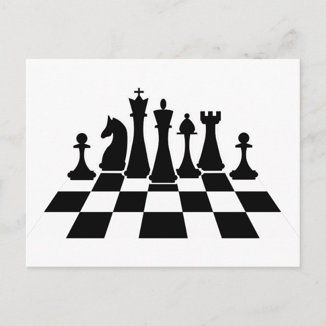 Schwarze Schachfiguren auf einem Schachbrett Postkarte (Vorderseite)