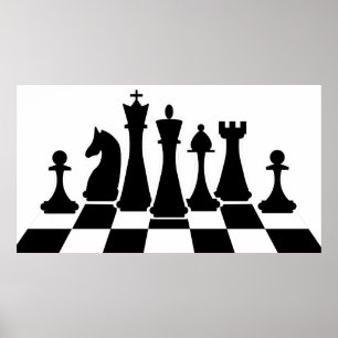 Schwarze Schachstücke auf dem Schachbrett Poster