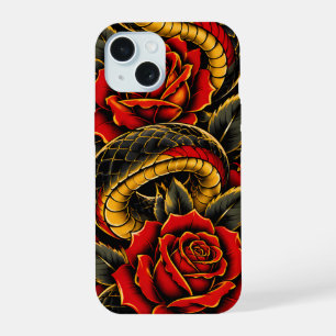 Schwarze Schlange & Rote Rosen Gothische Blumen- iPhone 15 Hülle