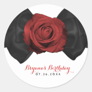 Schwarze Schleife & Rote Rose Elegante benutzerdef Runder Aufkleber
