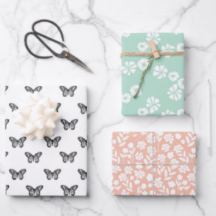 Schwarze Schmetterling Pastell Blumen Geschenkpapier Set