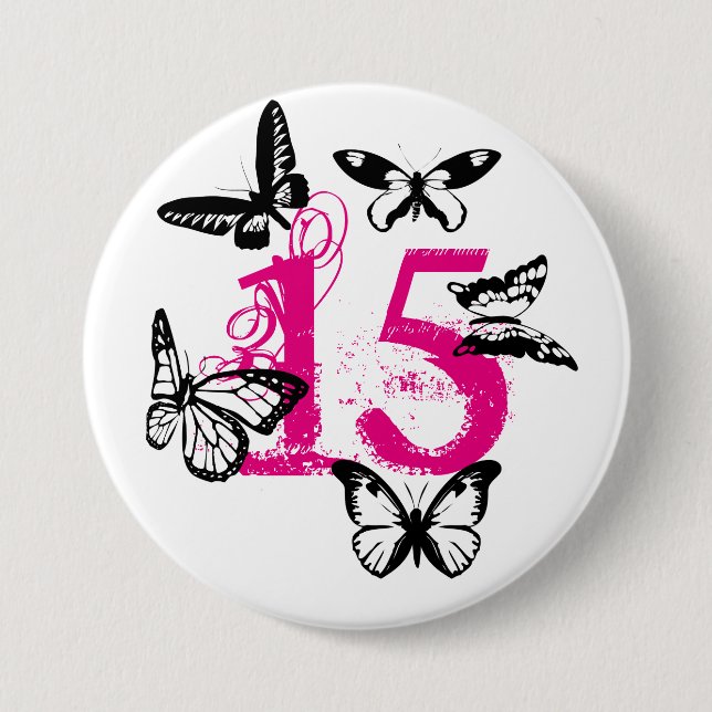 Schwarze Schmetterlinge auf Rosa "15" Knopf Button (Vorderseite)