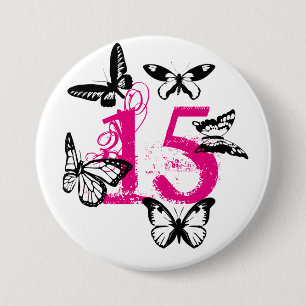 Schwarze Schmetterlinge auf Rosa "15" Knopf Button