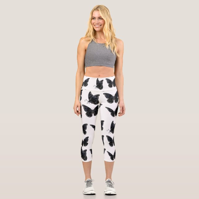 Schwarze Schmetterlinge Capri Leggings (Vorderseite)