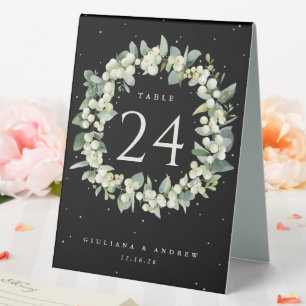 Schwarze Schneebeeren + Eukalyptus Hochzeitstisch  Tischaufsteller