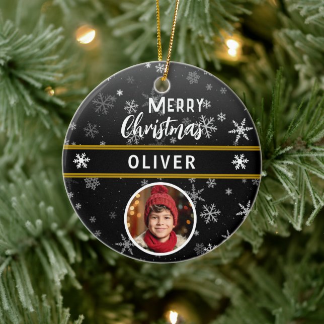 Schwarze Schneeflocken Individuelle Name Frohe Wei Keramik Ornament (Baum)