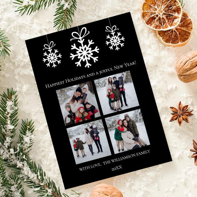 Schwarze Schneeflocken Ornamente FotoCollage Feiertagskarte (Black Snowflake Ornaments Photo Collage Holiday Card)