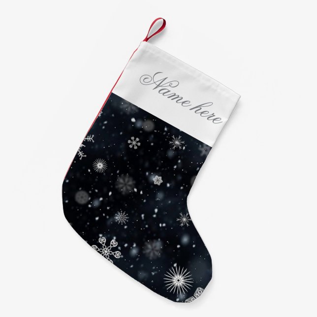 Schwarze Schneeflocken Personalisierter Weihnachts Kleiner Weihnachtsstrumpf (Vorderansicht (hängend))