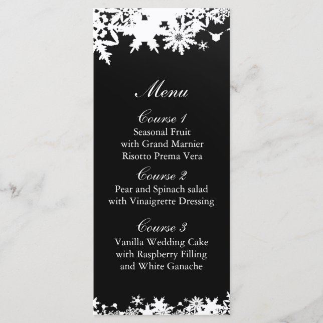 Schwarze Schneeflocken Winterhochzeit Menükarte (Vorderseite)