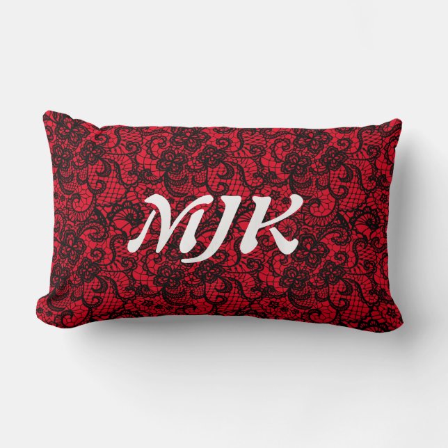 Schwarze Schnürsenkel in roter Monogramm Lendenkissen (Vorderseite)