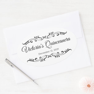 Schwarze Schriftrollen, individuelles Quinceanera- Ovaler Aufkleber