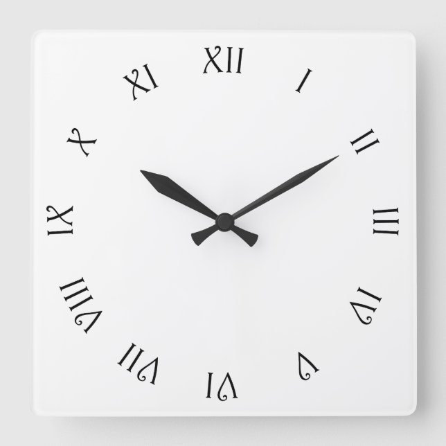 Schwarze Schriftzeichen römische Zahlen auf weißem Quadratische Wanduhr (Vorderseite)